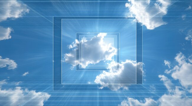 Nested squares frame a sunlit sky, bright rays emanating from a central point, layered clouds partially obscuring the light