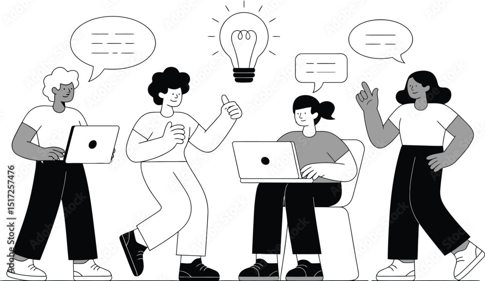 Poster team brainstorming session with an idea lightbulb and dialogue speech bubbles indicating discussion 
