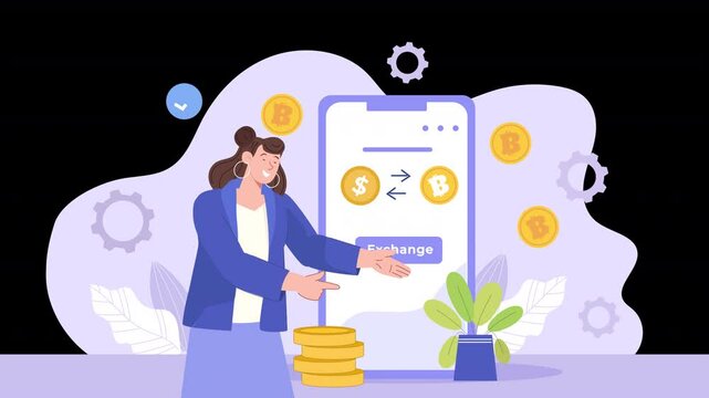 Flat Character Woman Converting Dollars To Crypto Using Mobile Animation Scene