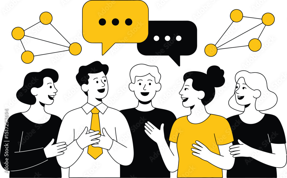Poster group of diverse people discussing and networking with communication bubbles and connected nodes ill