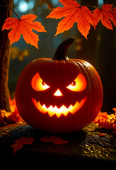 Glowing Jack-o'-Lantern Amidst Autumn Leaves