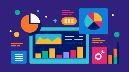 Fototapeta premium Analytics Dashboard A vector depiction of a futuristic dashboard filled with colorful graphs pie charts and metrics with an AI symbol analyzing the data points.