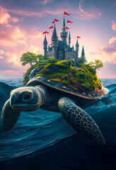 Majestic Castle on the Back of a Giant Sea Turtle