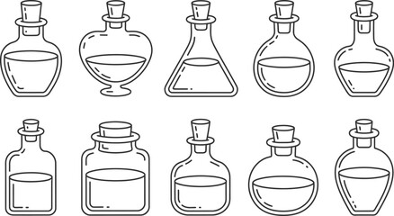 Outlined vector illustration of assorted glass bottles filled with liquid for alchemy or science