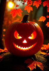 Glowing Jack-o'-Lantern Amidst Autumn Leaves at Sunset
