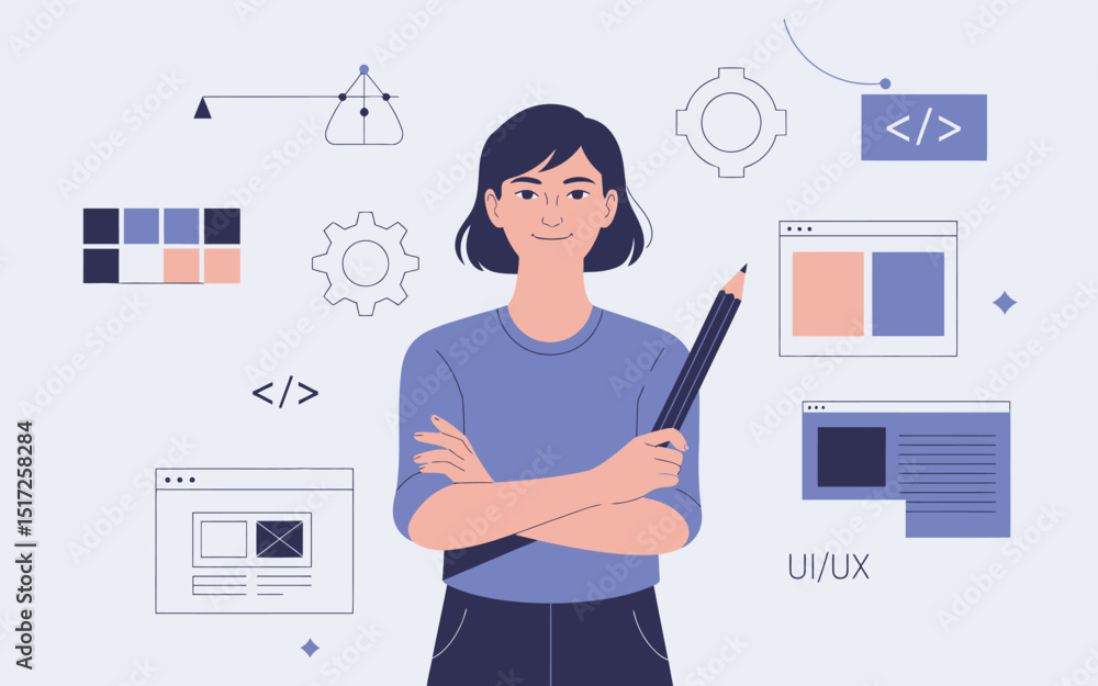 Poster ui ux designer holding pencil concept depicting interface design and website development for modern 