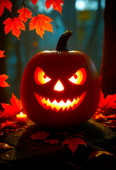 Eerie Jack-o'-Lantern in Autumn Forest
