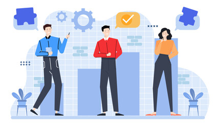 Three people in front of a blue bar chart, ideal for business presentations, finance websites, teamwork concepts, and financial reports.