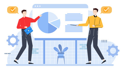 Two men presenting a pie chart to a client. Business meeting, financial consultation, analysis presentation, corporate discussion, teamwork collaboration concepts.