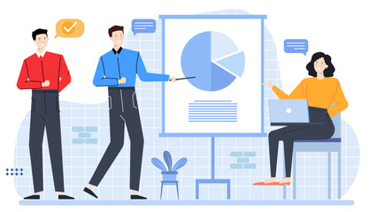 Business team discussing financial data with a pie chart. Ideal for presentations, reports, articles, business websites, and marketing materials.