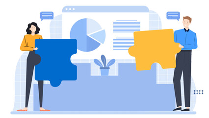 Two people holding puzzle pieces together, ideal for teamwork, collaboration, problem-solving, partnership concepts in business, education, and social contexts.