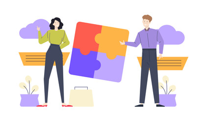 Two people hold a colorful puzzle. Suitable for teamwork, problem solving, collaboration concepts in business, education, and family themes.