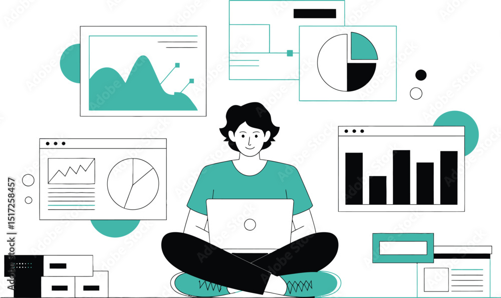 Poster young professional analyzing data with laptop and various charts visualizing business information on