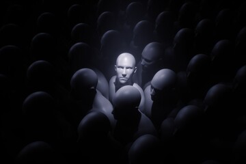 One Different Among Clones – 3D Render of Human Figures in Darkness