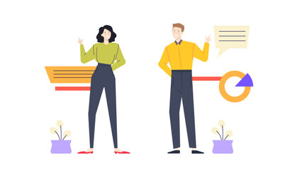 Man and woman with a speech bubble and chart, ideal for presentations, business blogs, financial discussions, corporate communications, and infographics.