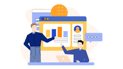 Two men discussing a chart on a computer screen; suitable for business presentations, financial reports, teamwork concepts, and technology discussions.
