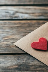 A brown envelope with a red felt heart lies on rustic wooden planks, symbolizing love and affection.