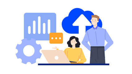 Two people collaborating on a laptop with cloud and gear, ideal for technology, teamwork, remote work, and cloud computing concepts.