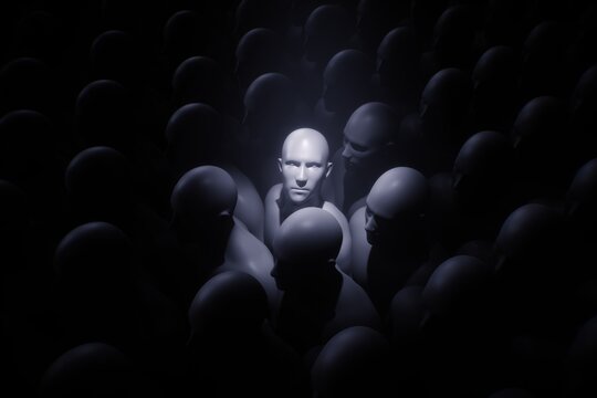 One Different Among Clones – 3D Render of Human Figures in Darkness