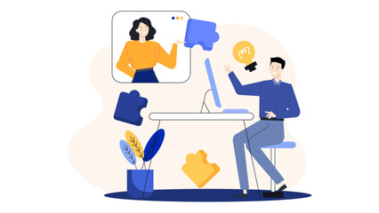 Man at a desk with a lightbulb, woman on a computer screen. Ideal for brainstorming, teamwork, virtual communication, remote collaboration concepts.