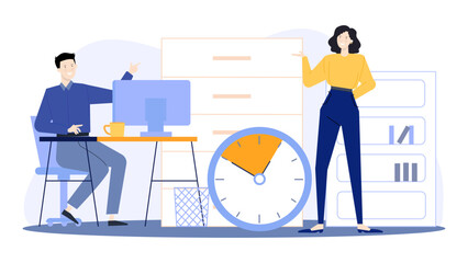 Two office workers are busy working at a desk with a computer, clock, and shelves. Perfect for business-related web design.