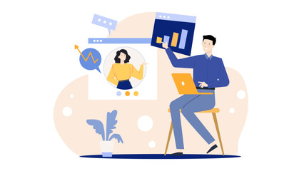 Man presenting bar graph on video call, suitable for business presentations, virtual meetings, online courses, financial reports, digital communication.