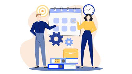 Two people pointing to a calendar with gears, perfect for illustrating scheduling, appointments, teamwork, planning, time management concepts.