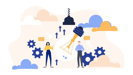 Woman and man standing under a lightbulb. Creative concept for brainstorming, innovation, teamwork, and idea generation in business.