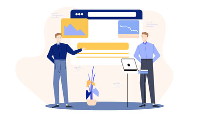Two men looking at website on screen, suitable for technology and business concepts in web development, online marketing, or ecommerce.