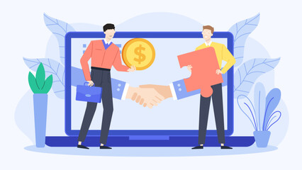 Two people shaking hands in a laptop, ideal for technology, online networking, business deals, virtual meetings, and web communication concepts.