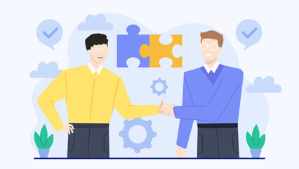 Two businessmen shaking hands, puzzle background. Suitable for business partnerships, teamwork concepts, collaborations, negotiations in corporate presentations, marketing materials.