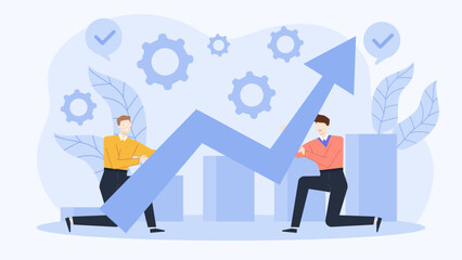 Two men pushing an upward blue arrow with blue bars, suitable for business growth concepts, financial success presentations, and team motivation graphics.