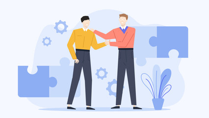Two men shaking hands with blue puzzle pieces and a plant for business partnerships, teamwork, collaboration, environmental projects, and growth.