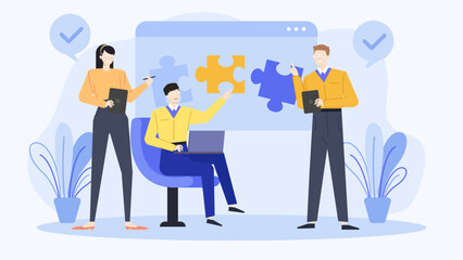 Three people collaborating on a puzzle, teamwork, problem-solving, cooperation, group effort, brainstorming, partnership, collaboration, strategy, solution, jigsaw puzzle, team building.