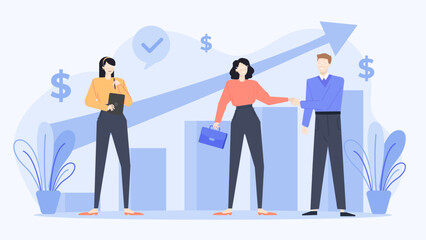 Three businesspeople with blue graph background. Suitable for financial, business presentations, teamwork concepts, success, growth strategies, and analytics.