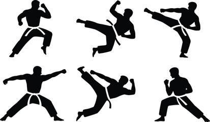 Silhouette collection of martial arts poses featuring karate or taekwondo practitioners in various action sequences