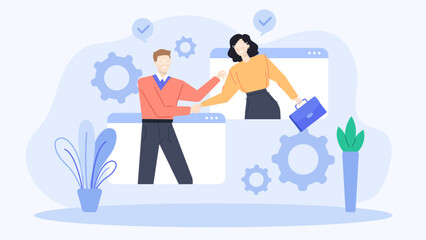 Title Two people shaking hands in a video call. Suitable for business, communication, remote work, networking, online meetings, partnership concepts.
