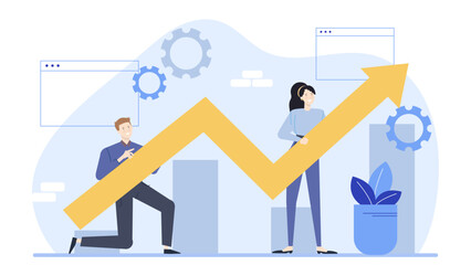 Two people holding a yellow arrow pointing upwards. Business success, career advancement, growth strategy concepts in marketing presentations.