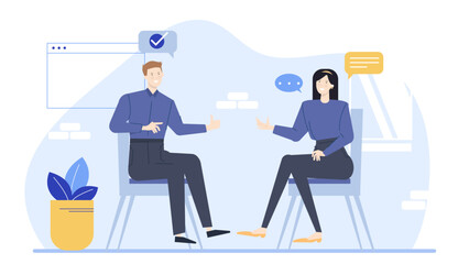 Man and woman sitting comfortably, engaged in conversation. Suitable for relationship, communication, and social interaction concepts in marketing materials.