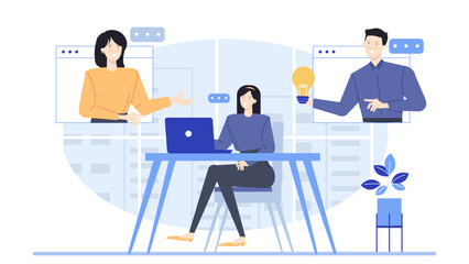 Woman on video call with two people, suitable for video conferencing, remote work, virtual meetings, online communication, telecommuting concepts.