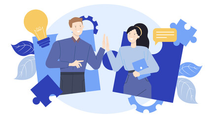 Two people creatively high fiving, holding puzzle pieces and a light bulb, ideal for teamwork, innovation, problem-solving concepts. Collaboration in action with unique elements.