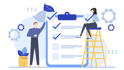 Man and woman with checklist, completion, organization, task management, teamwork, progress monitoring, planning, efficiency, collaboration, project tracking concepts.
