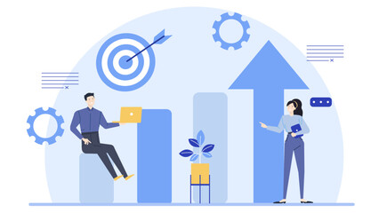 Two business people working on laptops with arrow pointing up. Suitable for illustrating teamwork, success, productivity, and business growth concepts.