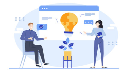 Man and woman solving a light bulb puzzle. Suitable for showing problem-solving, teamwork, brainstorming, or innovation concepts in business settings.