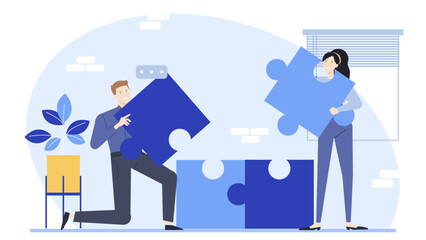 Two people holding blue puzzle pieces, symbolizing teamwork and connection. Suitable for collaboration concepts in business presentations or educational materials.
