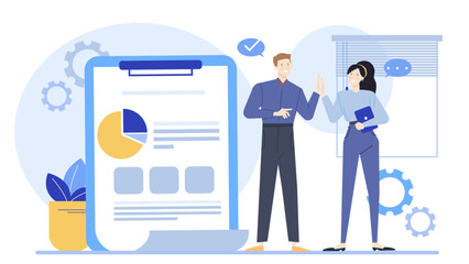 Two people giving a presentation, suitable for business concepts, teamwork, leadership, seminars, communication, and professional work environments.