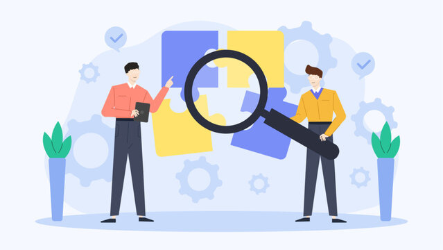 Two men examining a puzzle with a magnifying glass. Suitable for teamwork, problem-solving, detective concepts in business or education presentations.