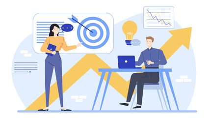 Two people discuss business target in meeting room. Suitable for business presentations, teamwork concepts, workplace discussions, or office networking illustrations.