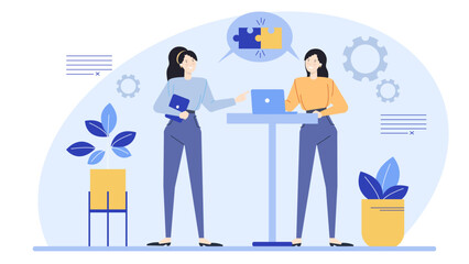 Two women discussing a puzzle at a table. Suitable for illustrations of teamwork, problem-solving, collaborative brainstorming, or social interactions.