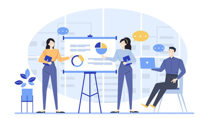 Business meeting showcasing three professionals discussing ideas in front of a whiteboard with pie charts; ideal for corporate presentations.